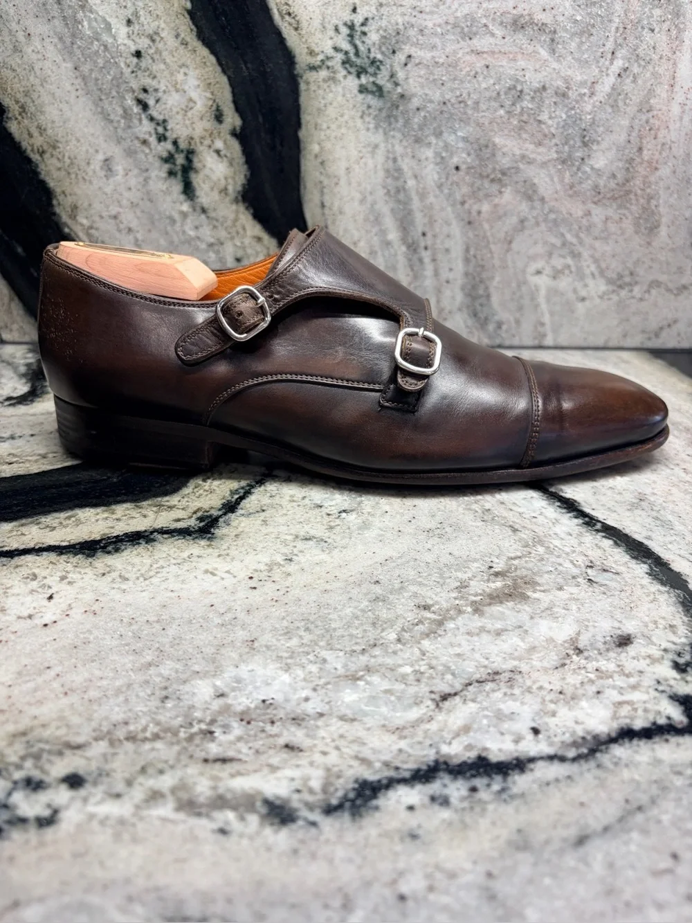 Santoni Fatte a Mano Brown Double Monk Strap Shoes UK 8.5 US 9.5 Handmade Italy